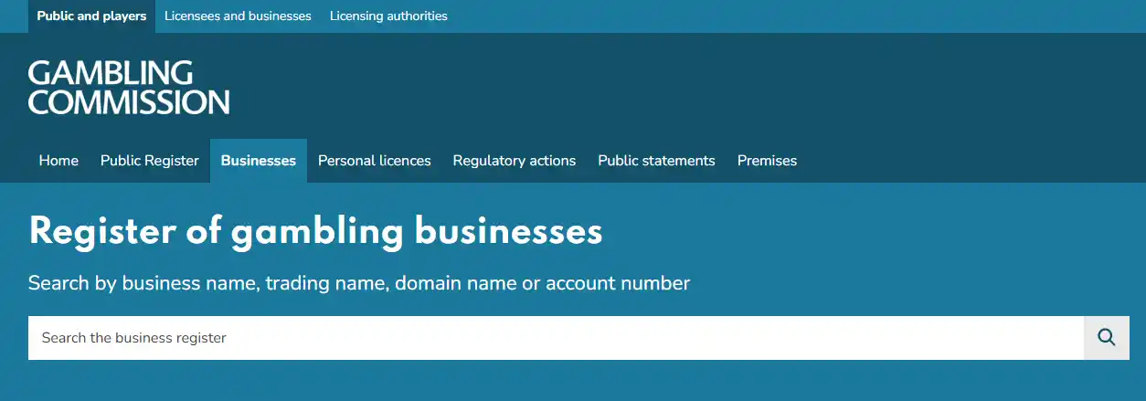 UK Gambling Commission public business register search context for Winzter and Rabocse